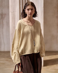 Fashionable Linen U-Neck Long-Sleeved Shirt