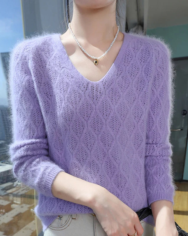 Openwork Mink Cashmere V-Neck Sweater
