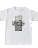 Women's letter-print T-shirt featuring a vintage "Money Talks" slogan, breathable cotton fabric, and an oversized fit for hippie grunge street style and campus wear.