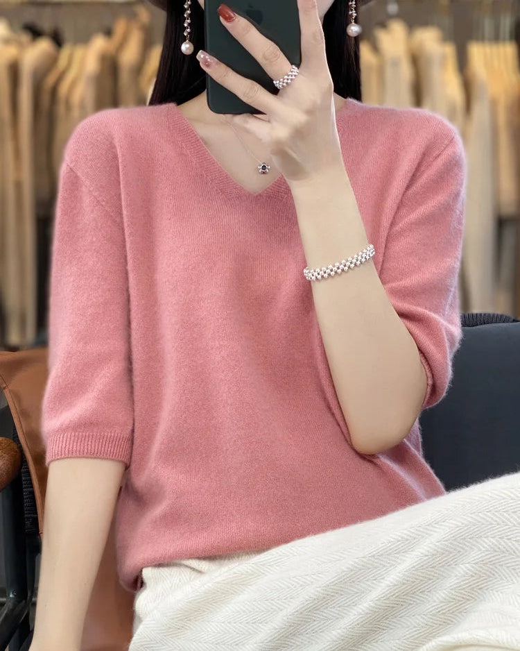 Merino Wool V-Neck Short-Sleeve Sweater