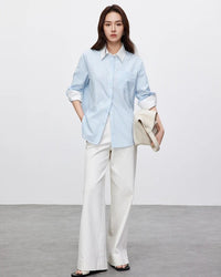 Striped Straight-Cut Long-Sleeved Shirt With Pockets