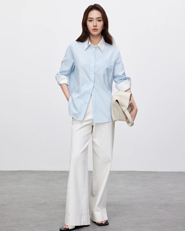 Striped Straight-Cut Long-Sleeved Shirt With Pockets