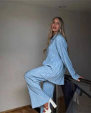 Turn-Down Collar Draped Shirt & High Waist Wide-Leg Trouser 2-Piece Set