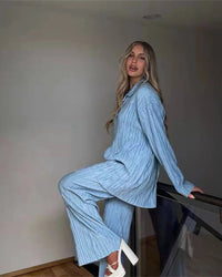 Turn-Down Collar Draped Shirt & High Waist Wide-Leg Trouser 2-Piece Set