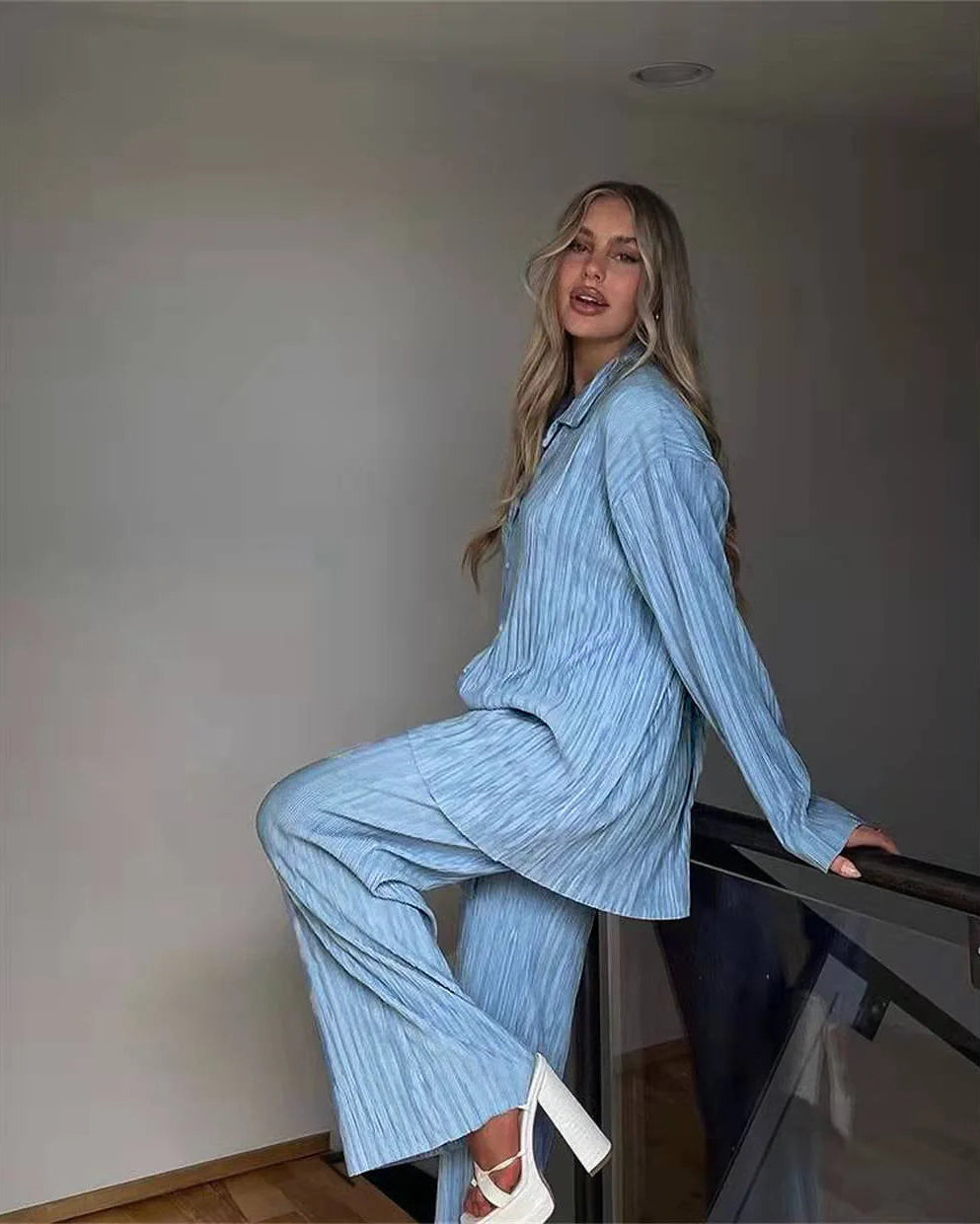 Turn-Down Collar Draped Shirt & High Waist Wide-Leg Trouser 2-Piece Set