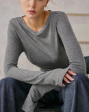 Crew Neck Long-Sleeved Irregular Slit T-Shirt