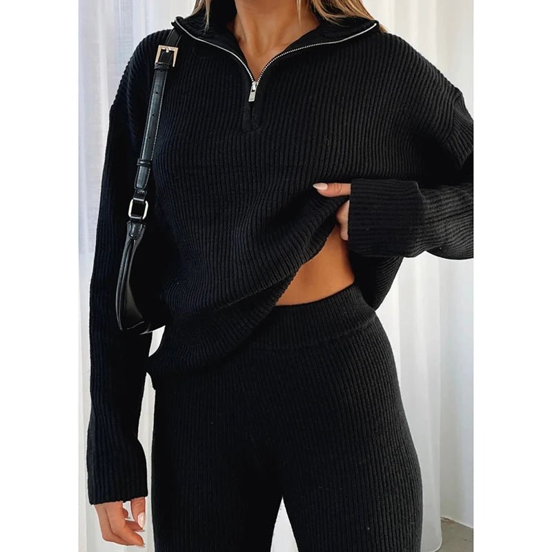 Zipper Long Sleeve Sweaters Straight Pants Knitted Suit