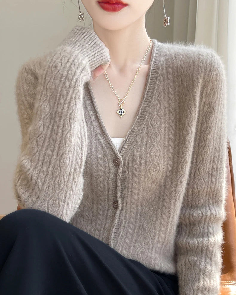Wool V-Neck Curled Twisted Hollow-Out Open Cardigan