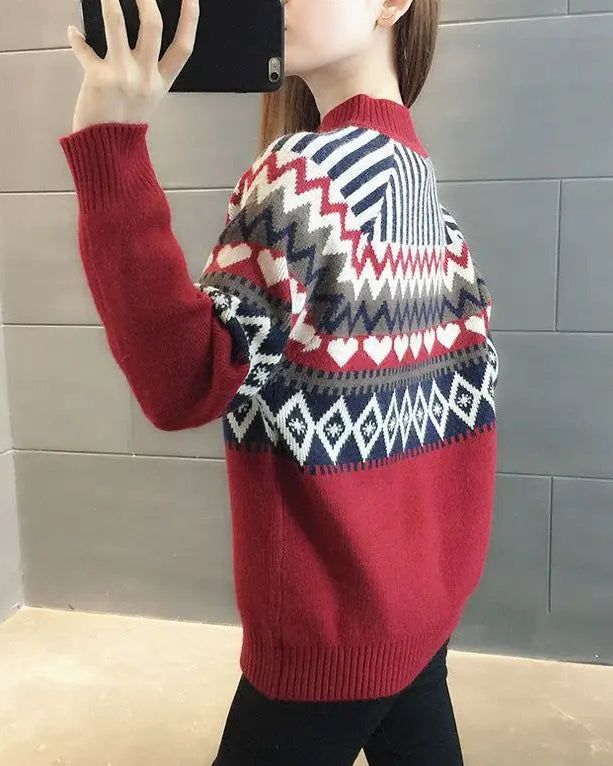 Ethnic Jacquard Mock Neck Loose Thick Knit Pullover