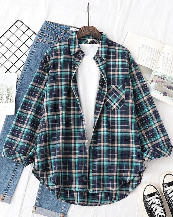 Plaid Lapel Single-Breasted Loose Shirt
