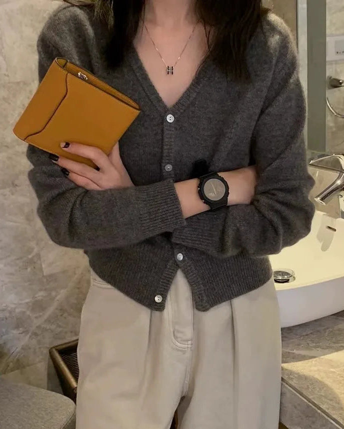 Cashmere Short V-Neck Knit Cardigan
