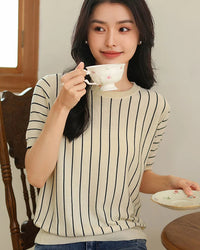 Pure Cotton Loose-Fit Vertical Striped T-Shirt