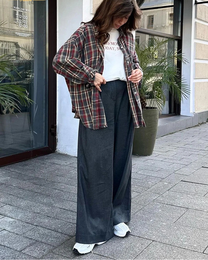 Plaid Lapel Single-Breasted Loose Long Shirt