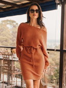 One-Shoulder Drawstring Mini Sweater Dress