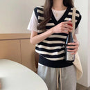 Vintage Striped V-Neck Pure Wool Knitted Waistcoat