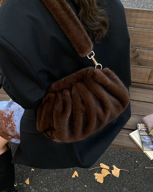 Ruched Faux Fur Cloud Shoulder Bag