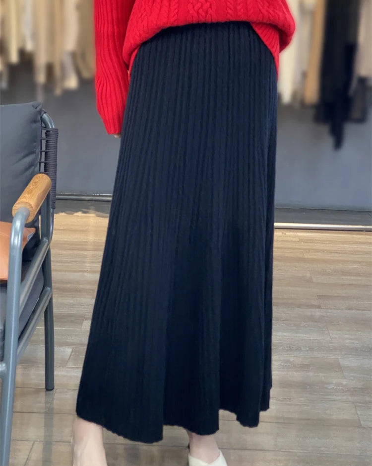 Merino Wool Pleated A-Line Maxi Skirt