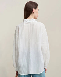 Ruffled V-Neck Long-Sleeved Loose-Fitting Shirt