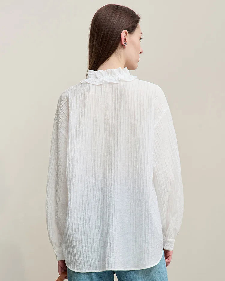 Ruffled V-Neck Long-Sleeved Loose-Fitting Shirt
