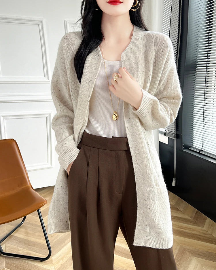 Merino Wool Dot Long Open-Front Cardigan