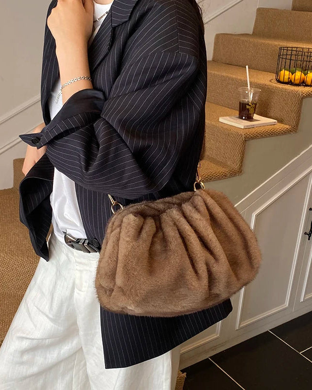 Ruched Faux Fur Cloud Shoulder Bag