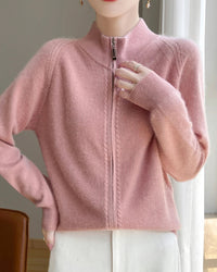 Wool Stand Collar Zip Cardigan
