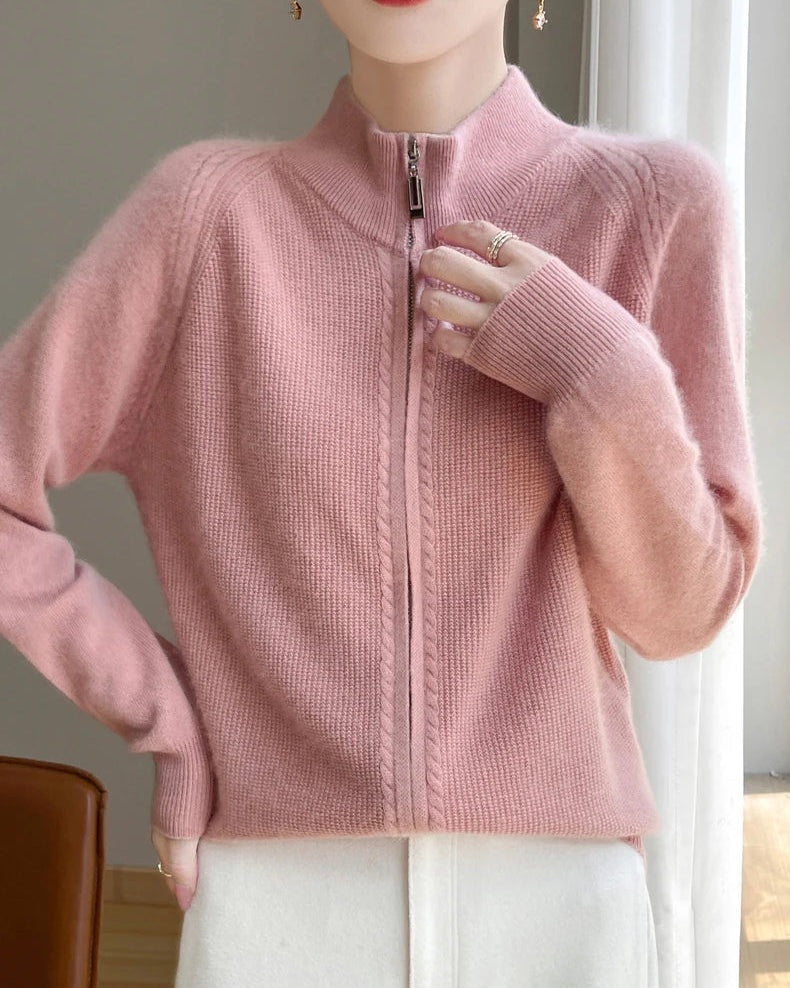 Wool Stand Collar Zip Cardigan