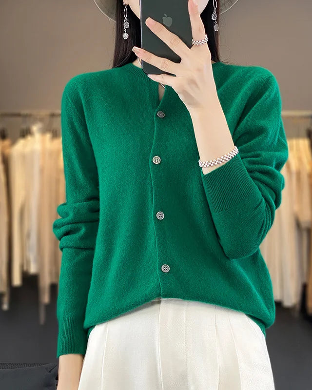 Merino Wool Round Neck Knit Cardigan