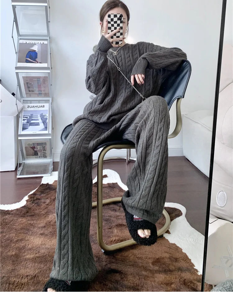 Cable Knit Pullover & High Waist Wide Leg Trousers Two-Piece Set