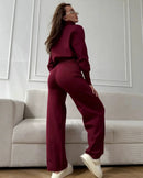 Zip-Up Cropped Knit Cardigan & Drawstring Wide-Leg Trousers Set