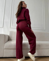 Zip-Up Cropped Knit Cardigan & Drawstring Wide-Leg Trousers Set