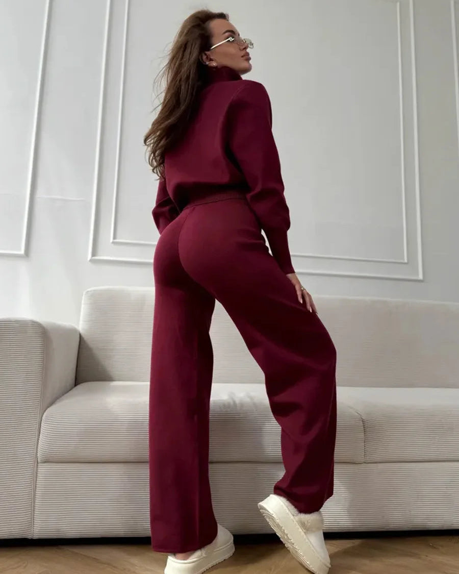Zip-Up Cropped Knit Cardigan & Drawstring Wide-Leg Trousers Set