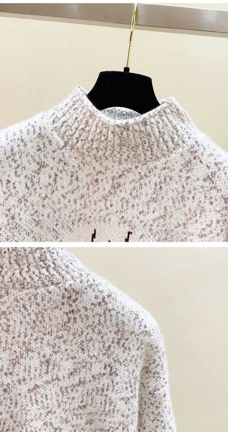 Elk printed Mink Velvet Mock Neck Sweater