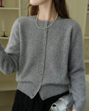 100% merino wool solid O-neck brushed slim knit cardigan. Soft, slight stretch, and slim fit — a warm cosy autumn winter fleece knitwear top for women.