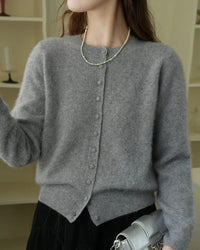 100% merino wool solid O-neck brushed slim knit cardigan. Soft, slight stretch, and slim fit — a warm cosy autumn winter fleece knitwear top for women.