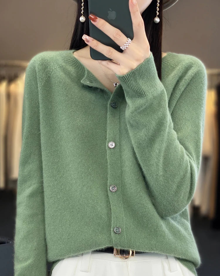 Wool O-Neck Seamless Single-Breasted Open Cardigan Sweater