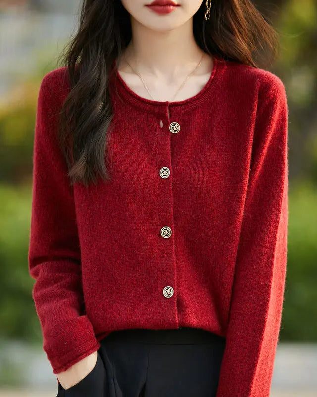 100% merino wool O-neck curled colour yarn open cardigan sweater. Heavyweight, medium stretch — a thick, casual autumn winter knitwear bottoming top for women.
