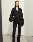 Chiffon Embroidered V-Neck Lantern Sleeve Blouse