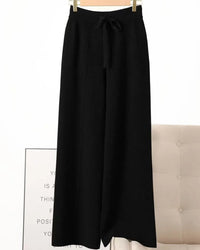 Merino Wool Solid Elastic Waist Wide Leg Knit Trousers