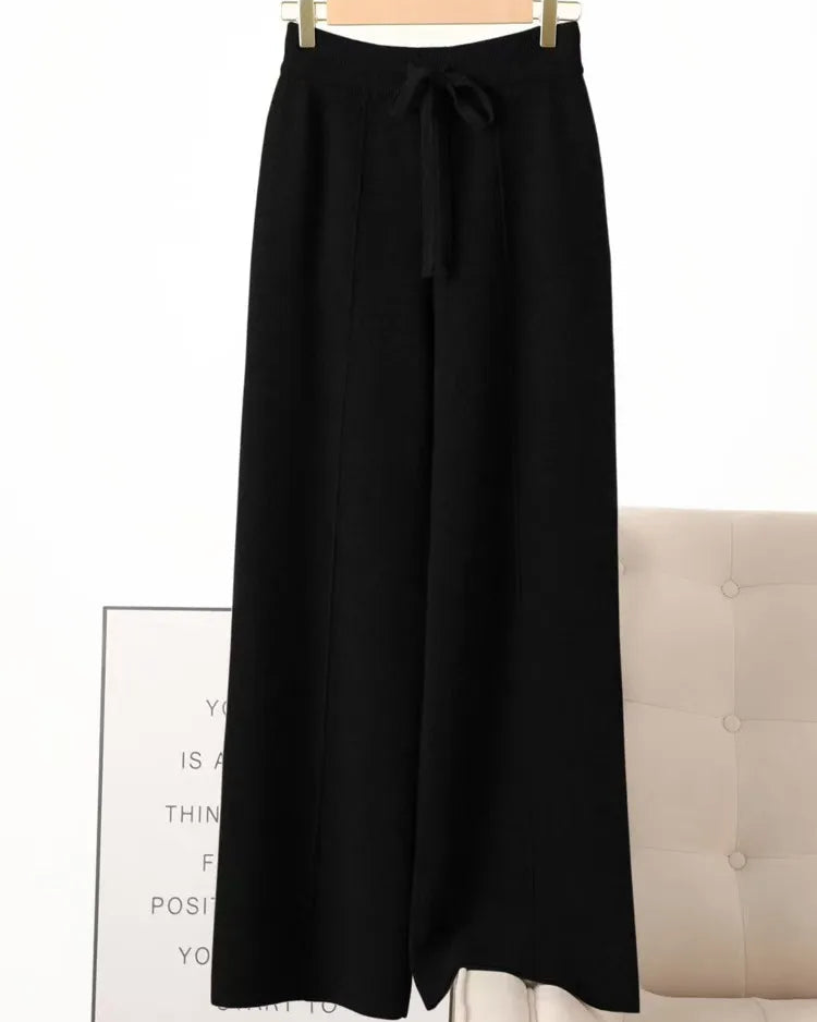 Merino Wool Solid Elastic Waist Wide Leg Knit Trousers