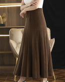 Merino Wool Solid Pleated Ankle-Length Knit Skirt