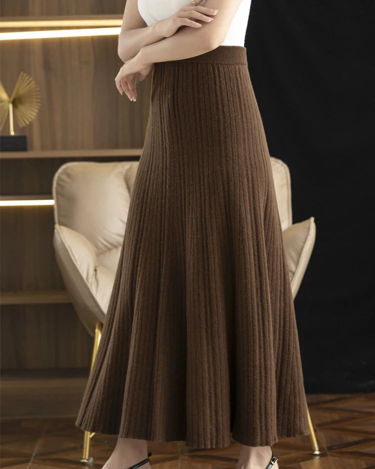 Merino Wool Solid Pleated Ankle-Length Knit Skirt