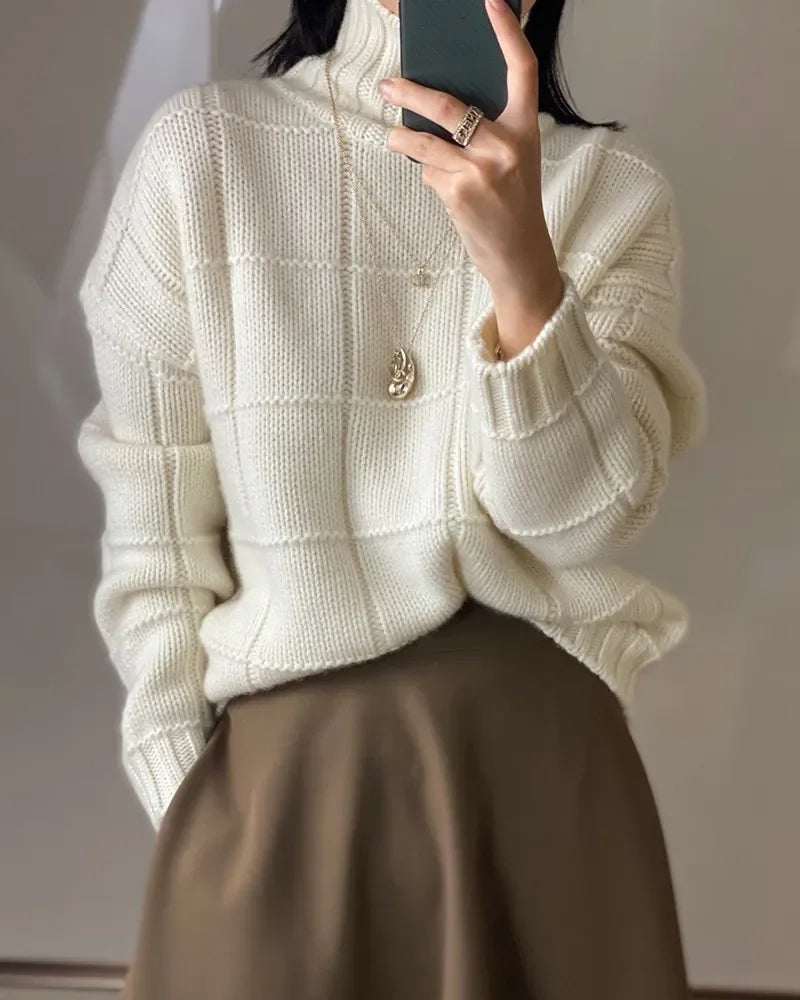 Pure Cashmere Plaid Turtleneck Loose Thick Knit Pullover