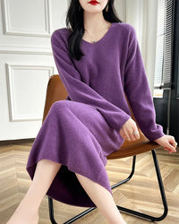 Wool V-Neck Long Sweater Dress