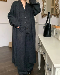 V-Neck Knit Coat + Vest + Wide-Leg Trouser 3-Piece Set