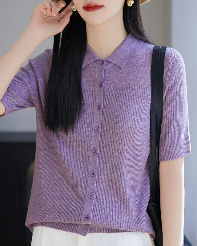 Relaxed Knit Turn-Down Collar Top