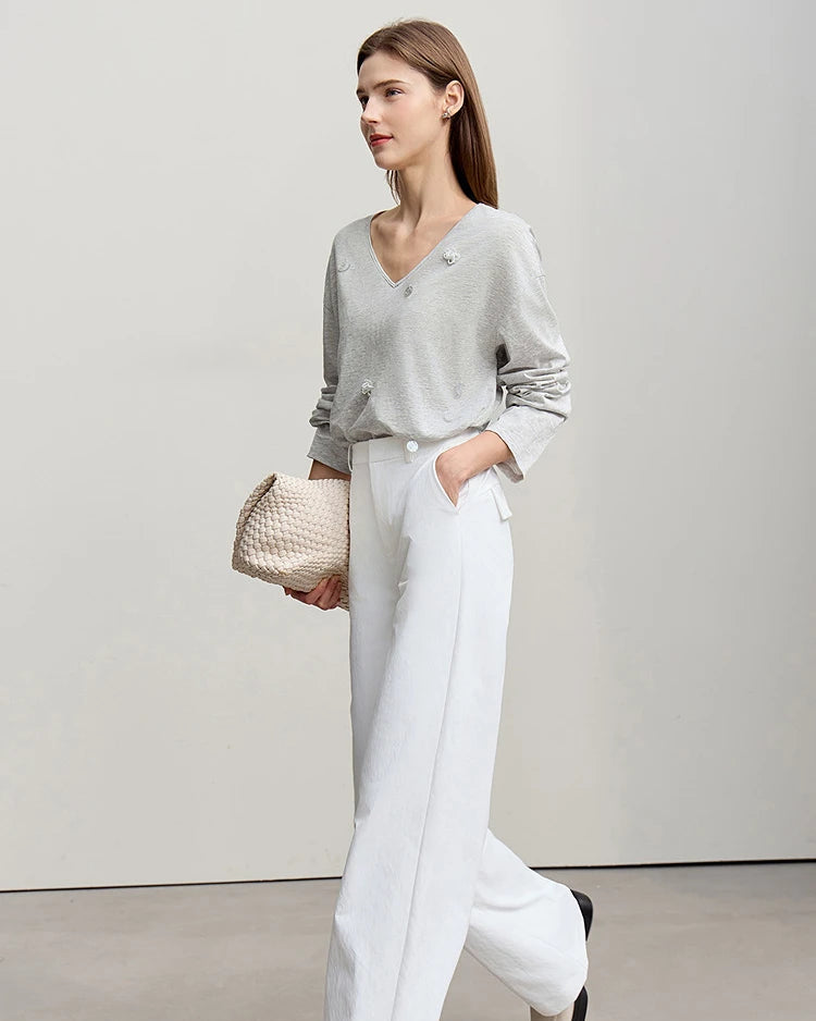 Long-Sleeved V-Neck Loose-Fitting Pullover T-Shirt