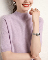 Cashmere Half-Sleeve Mock-Neck Sweater