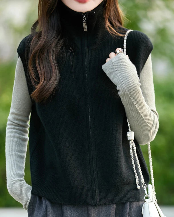 High-Neck Merino Wool Zip Vest