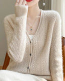 Wool V-Neck Curled Twisted Hollow-Out Open Cardigan